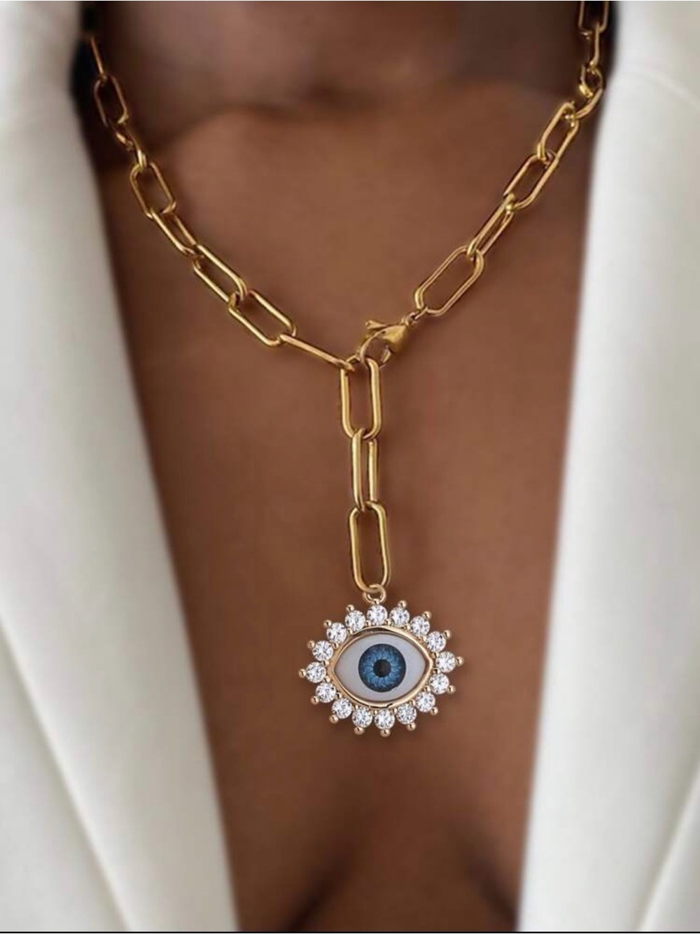 Gold Evil Eye Pendant Necklace with Blue Center